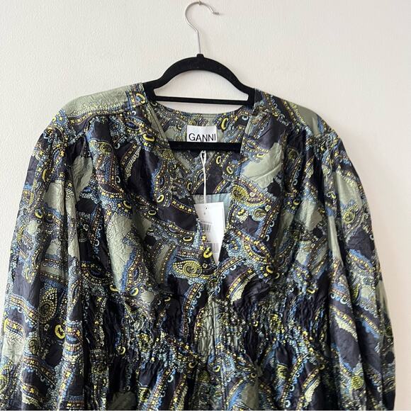 Ganni Mosaic Print Long Sleeve Deep V-Neck Blouse - Picture 4 of 10